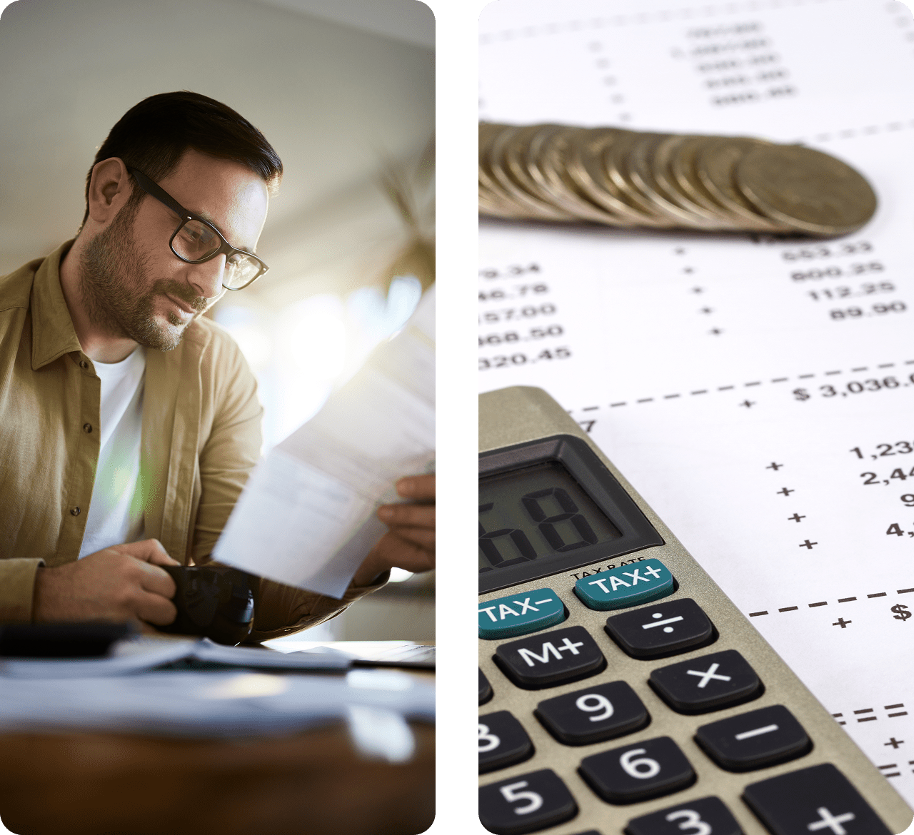 Individual analyzing bills with calculator and coins