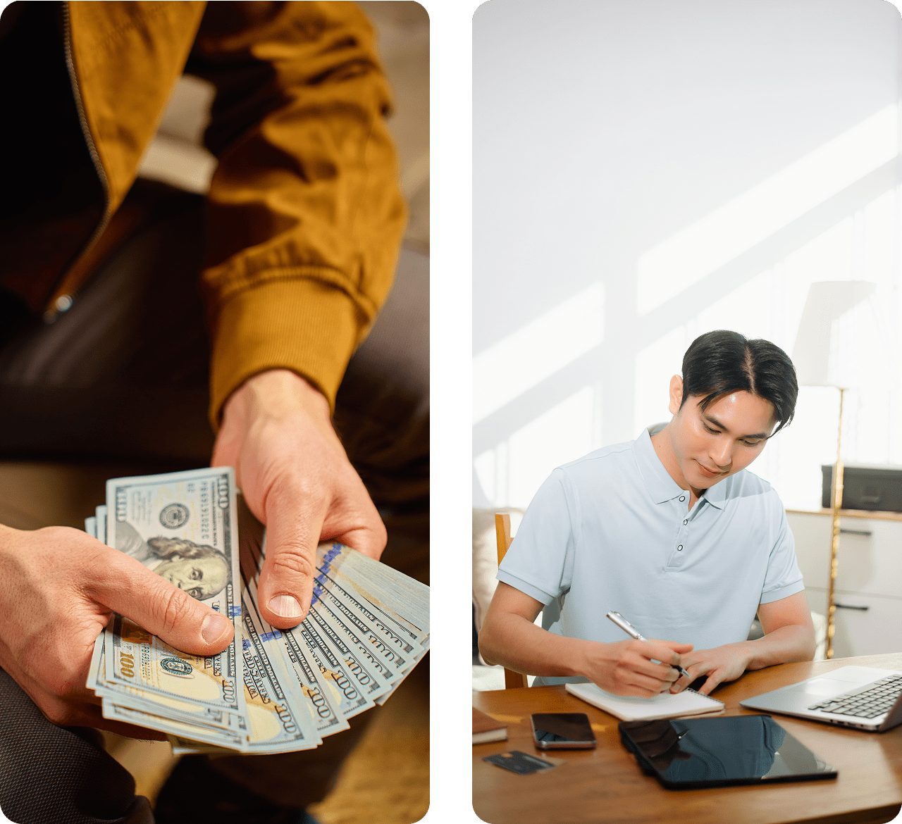 Person holding money and writing notes