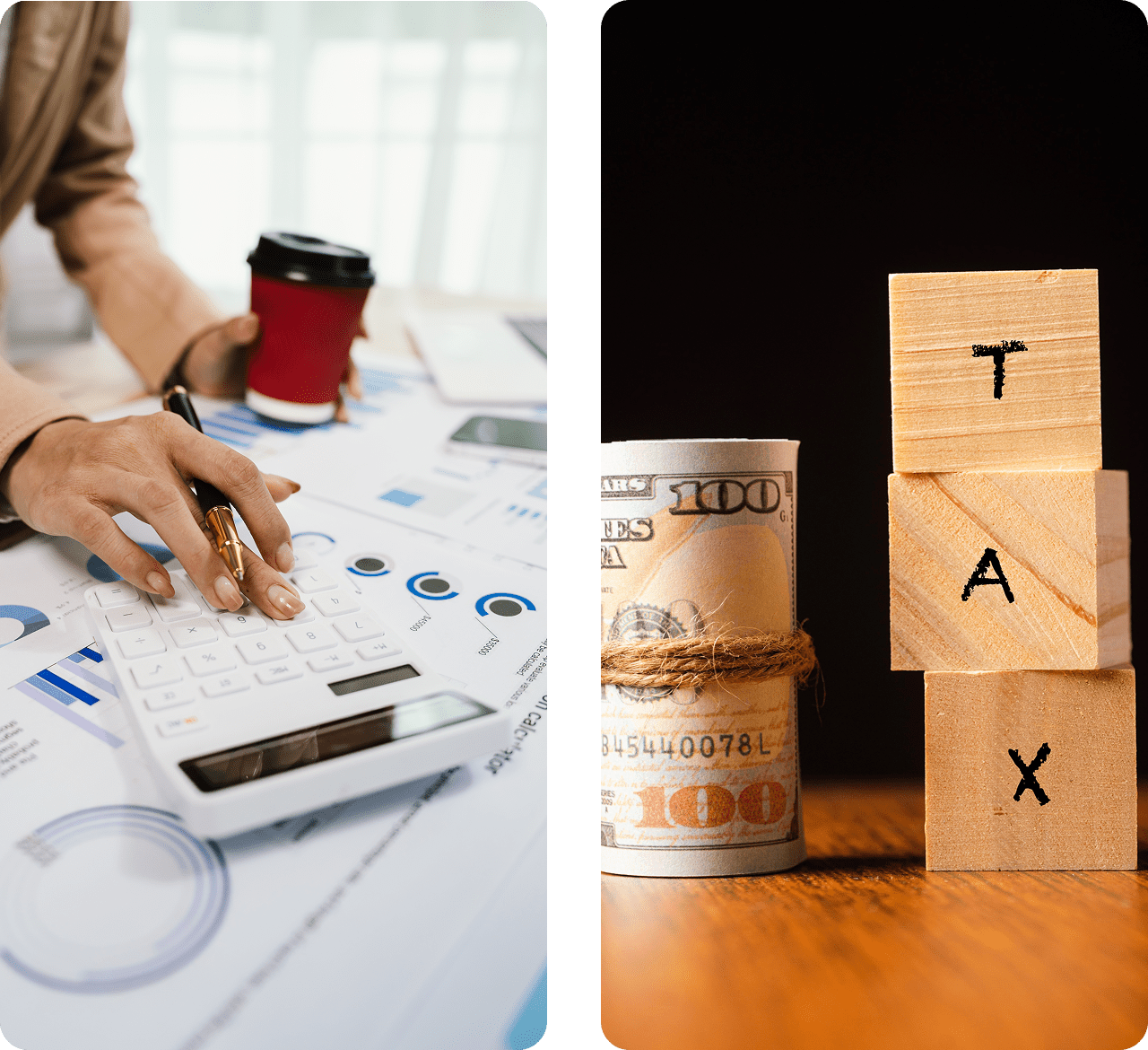 Wooden blocks spelling tax with cash