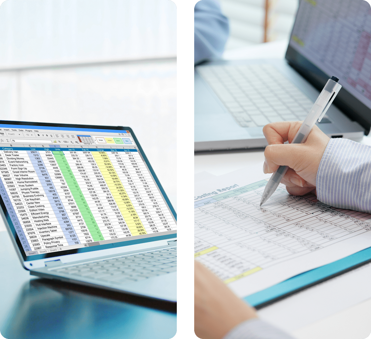 Person writing on printed spreadsheet