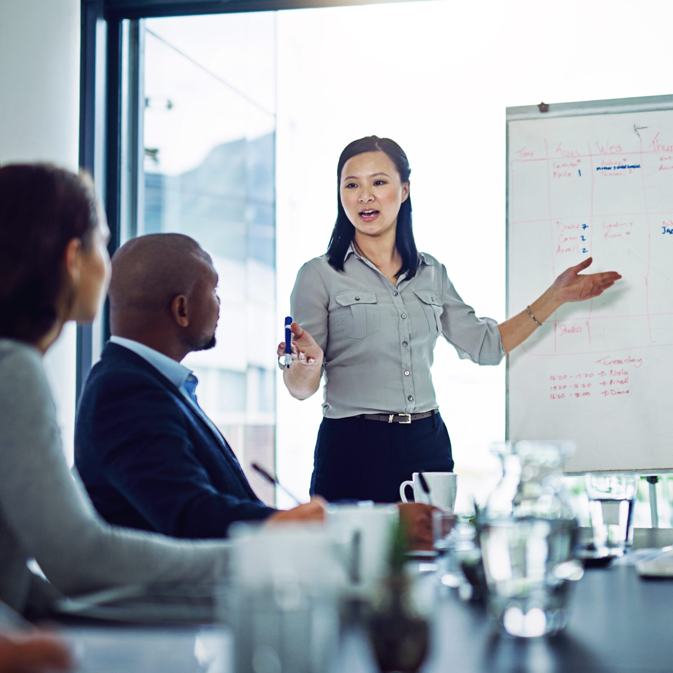 Business meeting presentation with whiteboard